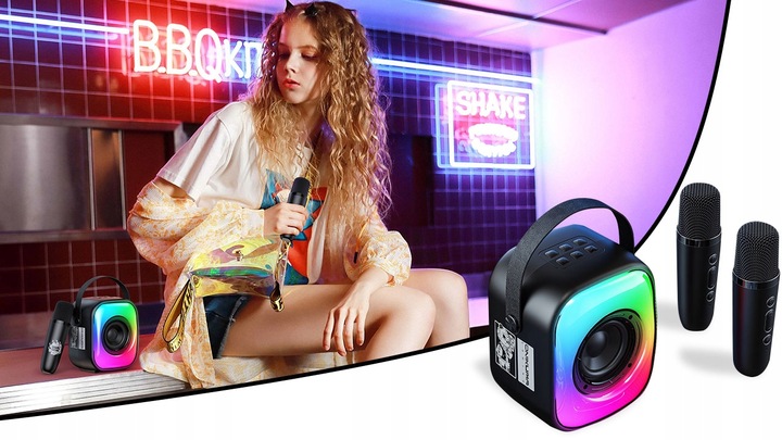 ZESTAW GŁOŚNIK BLUETOOTH PRZENOŚNY KARAOKE RGB 2 MIKROFONY USB SD MINI JACK