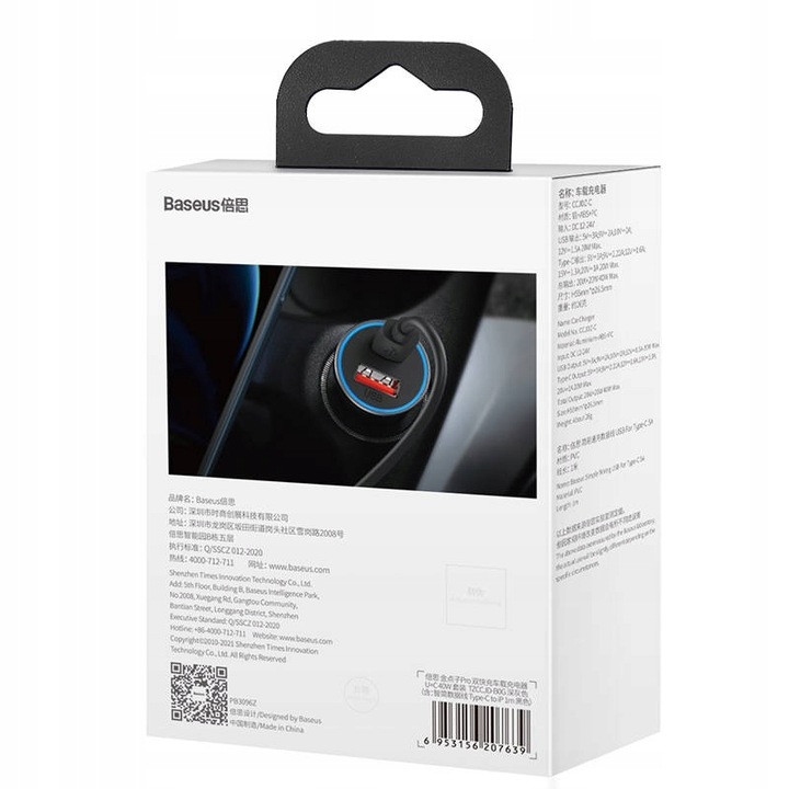 Szybka Ładowarka Samochodowa + Przewód Kabel Szybki Baseus USB + USB-C, QC4