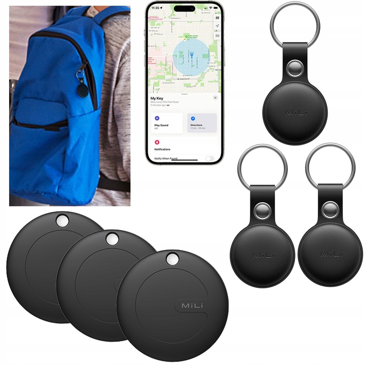 Lokalizator GPS 3x MiTag MiLi do iOS + 3x Etui Brelok do plecaka kluczy psa