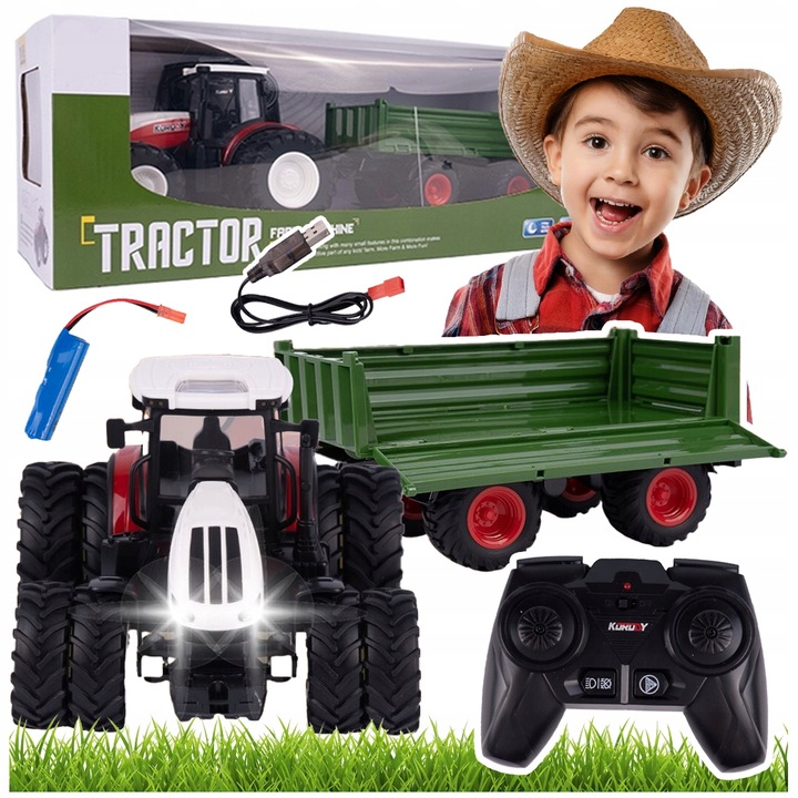 TRAKTOR ZDALNIE STEROWANY DUŻY Z PRZYCZEPĄ RC CIĄGNIK 42cm ładowanie USB