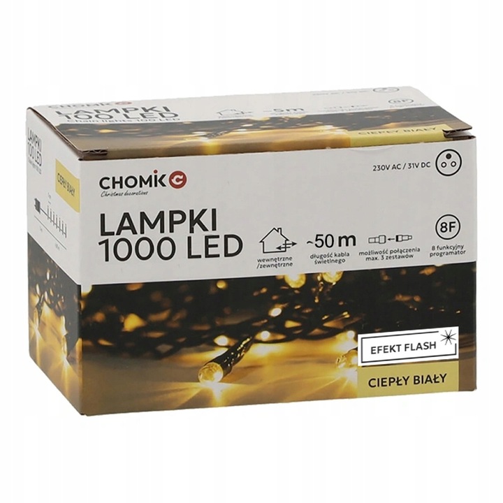 Ciepłe białe lampki choinkowe światełka zewnętrzne 1000LED 50m IP44 FLESH