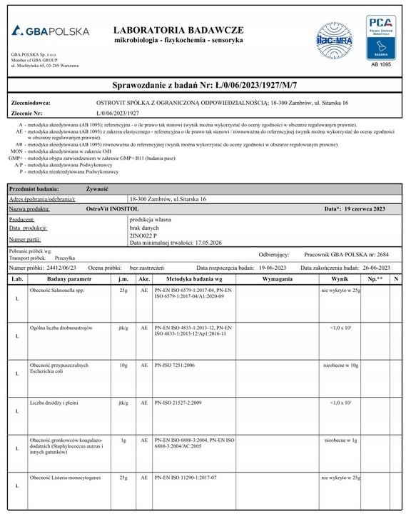 OstroVit Supreme Pure Inositol 200 g MIO-INOZYTOL WITAMINA B8 Bez dodatków