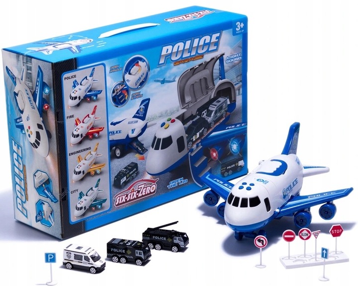 TRANSPORTER SAMOLOT 3 AUTA POLICJA ZESTAW ZABAWKA ŚWIATŁA LED DŹWIĘKI