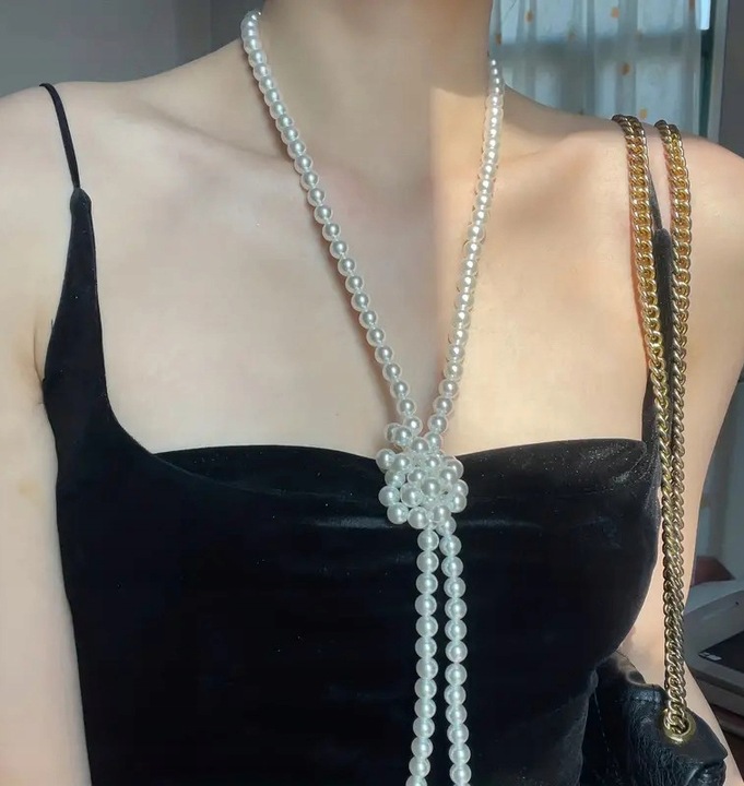 NASZYJNIK DŁUGI PERŁY SZKLANE BIAŁE 150 cm