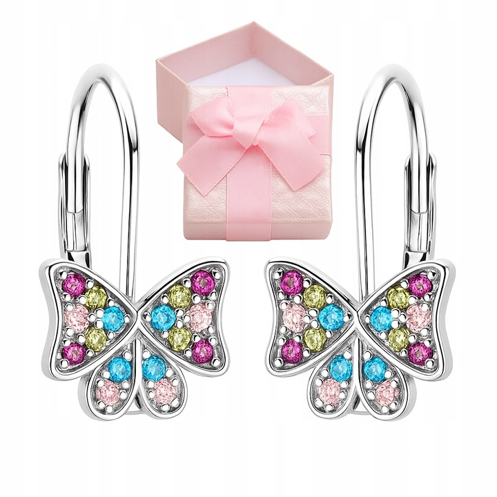 KOLCZYKI SREBRNE DLA DZIEWCZYNKI MOTYLKI KOLOROWE CYRKONIE ANGIELSKIE 925