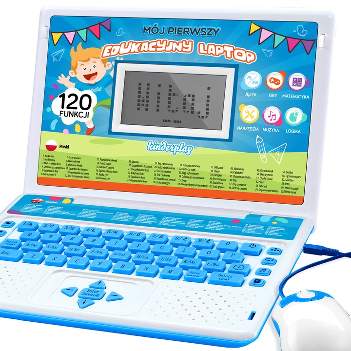 KINDERPLAY LAPTOP DLA DZIECI EDUKACYJNY DO NAUKI LITEREK LICZENIA 120 OPCJI
