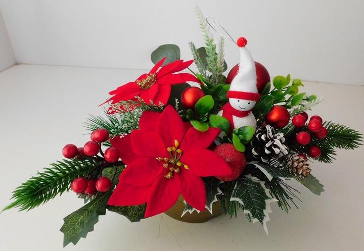 Stroik świąteczny na grób, poinsecja, bałwanek, czerwony