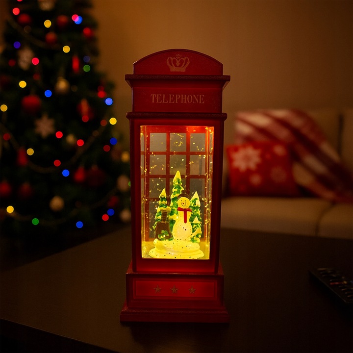 Budka Telefoniczna Świąteczna z Bałwankiem, Pozytywką i Brokatem LED