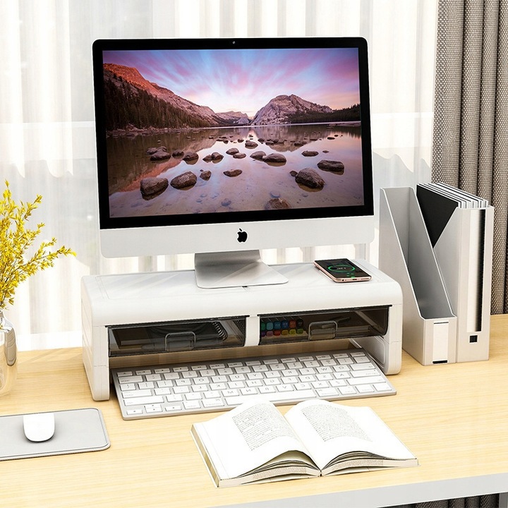 PÓŁKA PODSTAWKA POD MONITOR Z SZUFLADKAMI BIAŁA NADSTAWKA NA BIURKO RK2