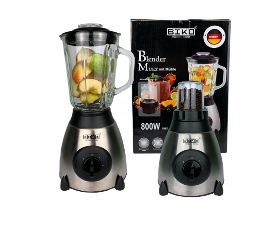 Blender kielichowy + szklany młynek Biko, 800 W 1,5 l czarny, srebrny