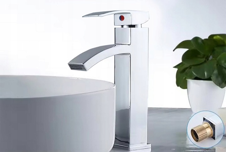 BATERIA UMYWALKOWA KRAN UMYWALKI CHROM NISKA ŁAZIENKOWA CUBIC WODOSPAD