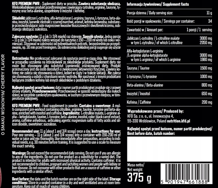 KFD Premium Pre-Workout II 375g Wiśnia