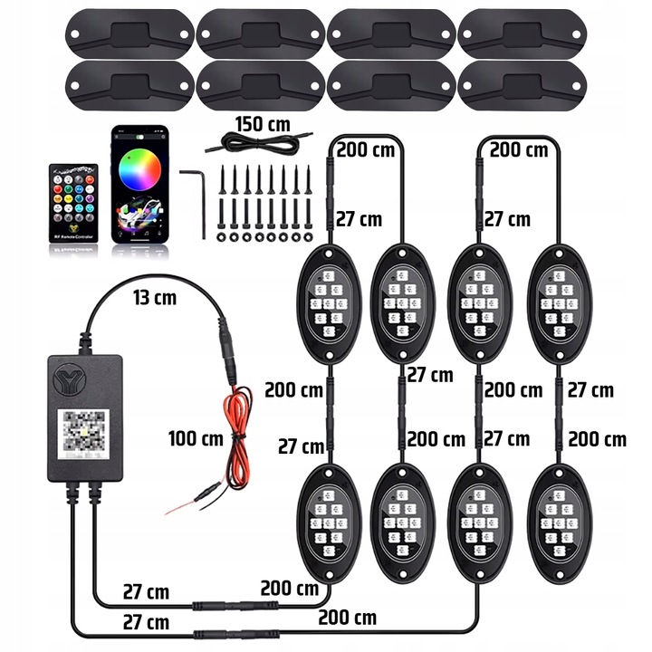 PODŚWIETLENIE PODWOZIA LED RGB LAMPKI POD SAMOCHÓD AUTO 8szt + PILOT APPka