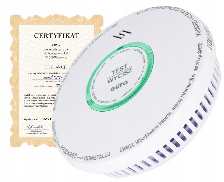 2w1 Czujnik CZADU tlenku węgla i dymu 10lat żywotności wbudowana bateria