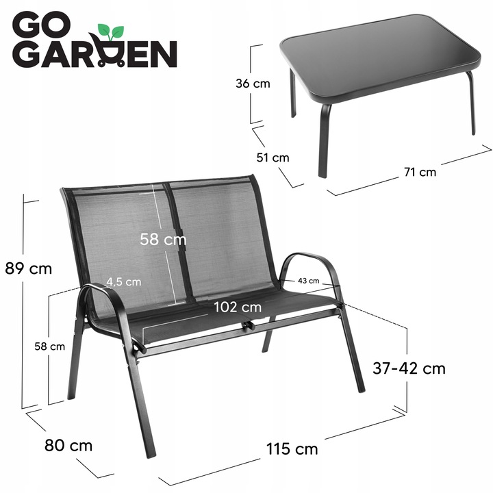 MEBLE OGRODOWE ZESTAW MEBLI OGRODOWYCH KOMPLET METALOWE 2 KRZESŁO SOFA STÓŁ