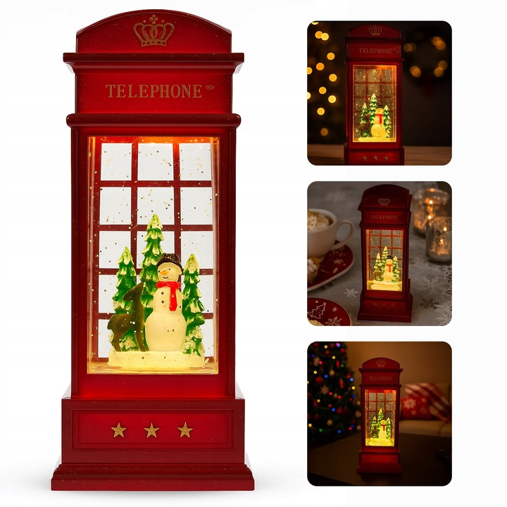 Budka Telefoniczna Świąteczna z Bałwankiem, Pozytywką i Brokatem LED