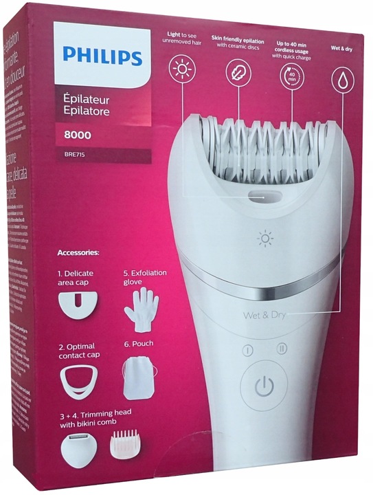 Depilator do Nóg Bikini Pachy Philips BRE715/00 Na Mokro Sucho 6 akcesoriów