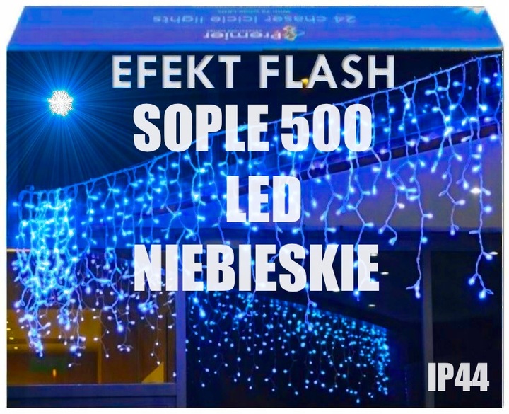 SOPLE 500 LED KURTYNA LAMPKI ZEWNĘTRZNE IP44 NIEBIESKIE + ZIMNY FLASH 21M