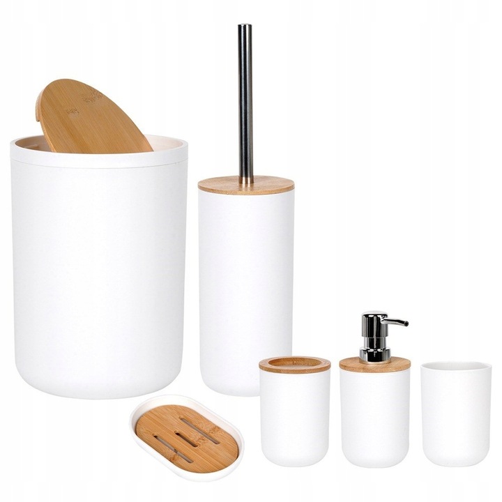 Zestaw ŁAZIENKOWY kubek szczotka WC kosz na śmieci dozownik mydła podstawka