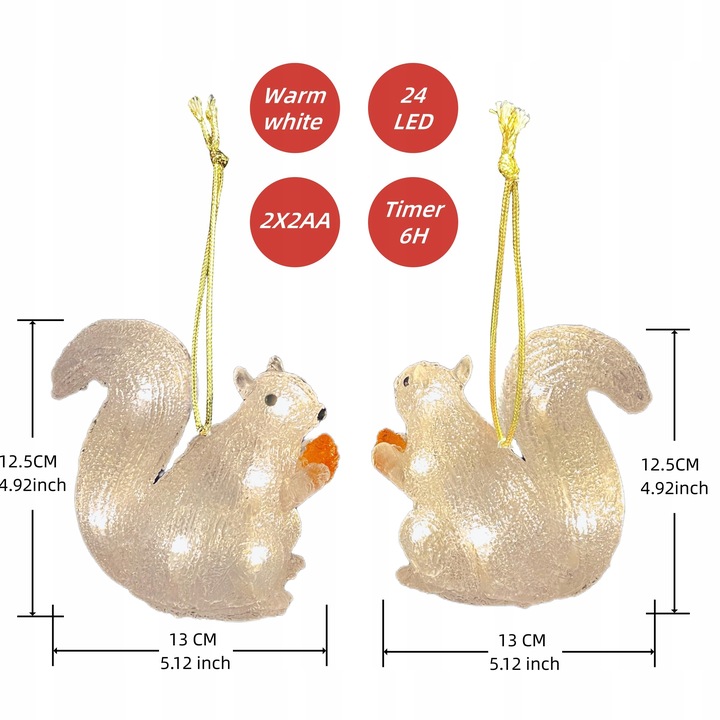 Lampki Choinkowe LED Akrylowe Wiewiórki 2 Sztuki na Boże Narodzenie Białe