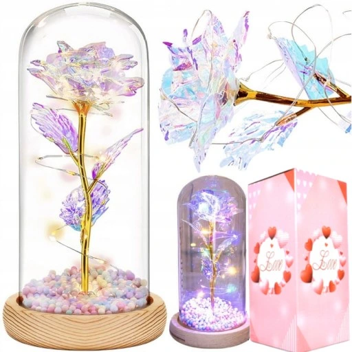 WIECZNA RÓŻA W SZKLE ŚWIECĄCA LED PREZENT PUDEŁKO NA WALENTYNKI DZIEŃ BABCI