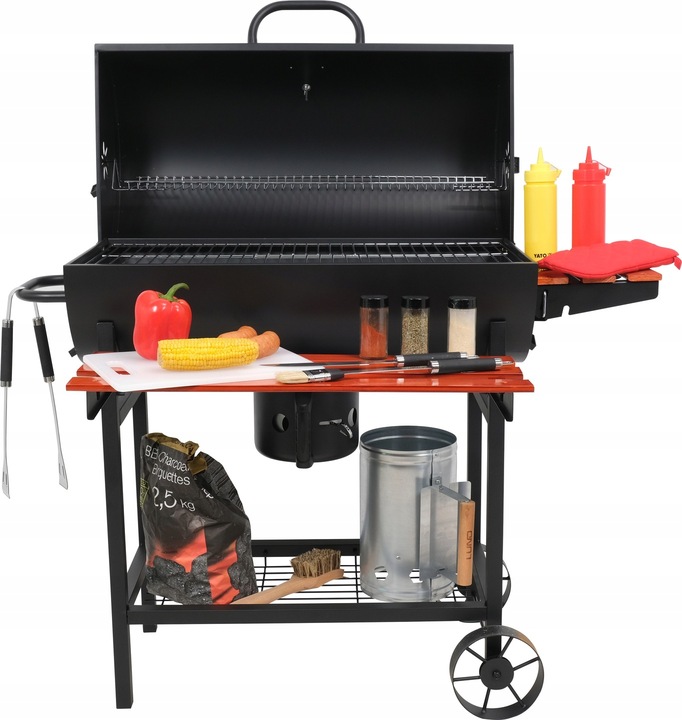 GRILL OGRODOWY WĘGLOWY Z POKRYWĄ DUŻY RUSZT 71x34,5cm POPIELNIK 3 PÓŁKI