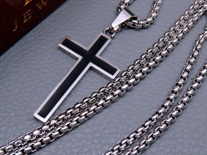 SREBRNY ŁAŃCUSZEK Z KRZYŻYKIEM STAL CHIRURGICZNA 316L SPLOT KRÓLEWSKI 60CM