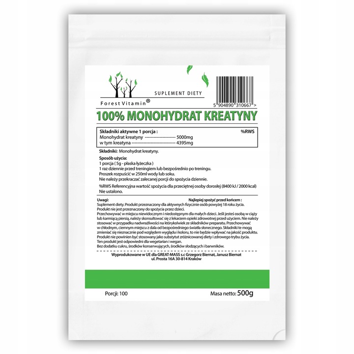 PURE CREATINE 500g KREATYNA MONOHYDRAT SIŁA MASA