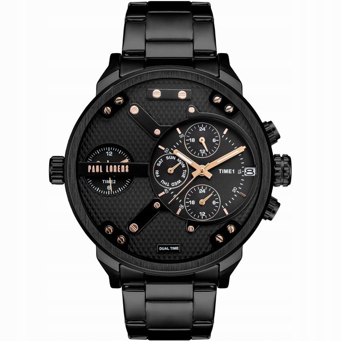 Duży zegarek męski Paul Lorens DIEZELI- stalowy - multidatownik czas dobowy