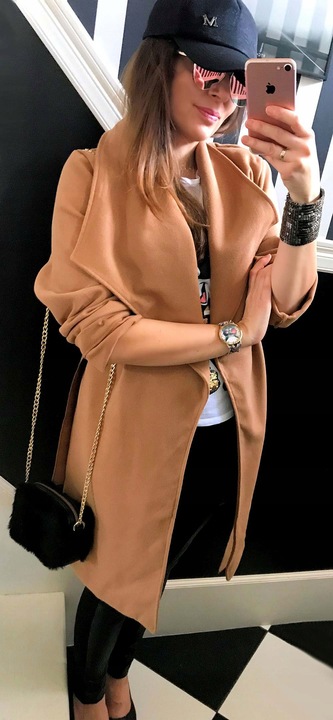 PŁASZCZ blogger KLASYCZNY klapy pasek CZERWONY