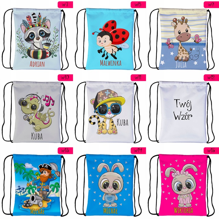 Worek plecak dla dzieci do przedszkola szkoły PERSONALIZOWANY różne wzory