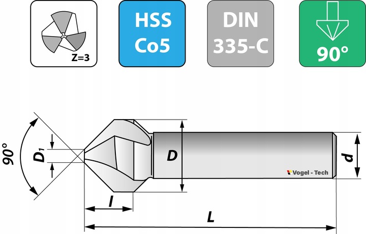 Frez pogłębiacz fazownik stożkowy 90° kobalt 25