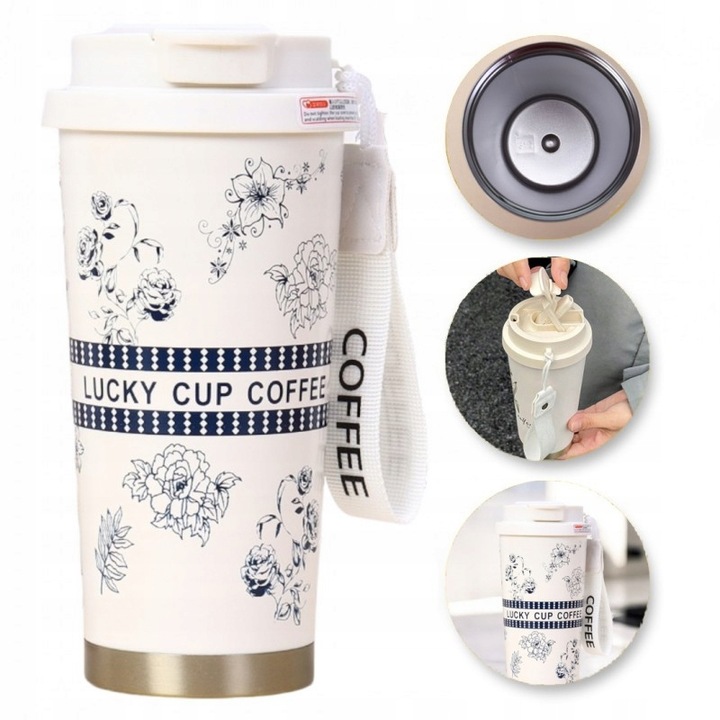 Kubek Termiczny Z Uchwytem I Ustnikiem, Przenośny 550 ml Biały