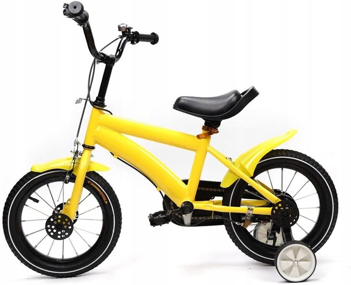 14-calowy rower dziecięcy w z kółkami stabilizującymi żółty.