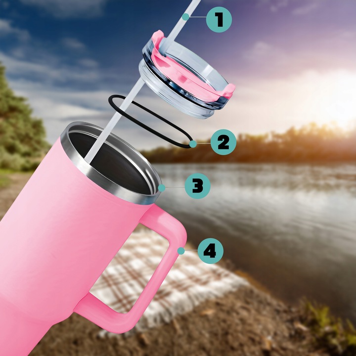 KUBEK TERMICZNY TERMOS ZE SŁOMKĄ Z UCHWYTEM SZCZELNY NA KAWĘ HERBATĘ 1200ML