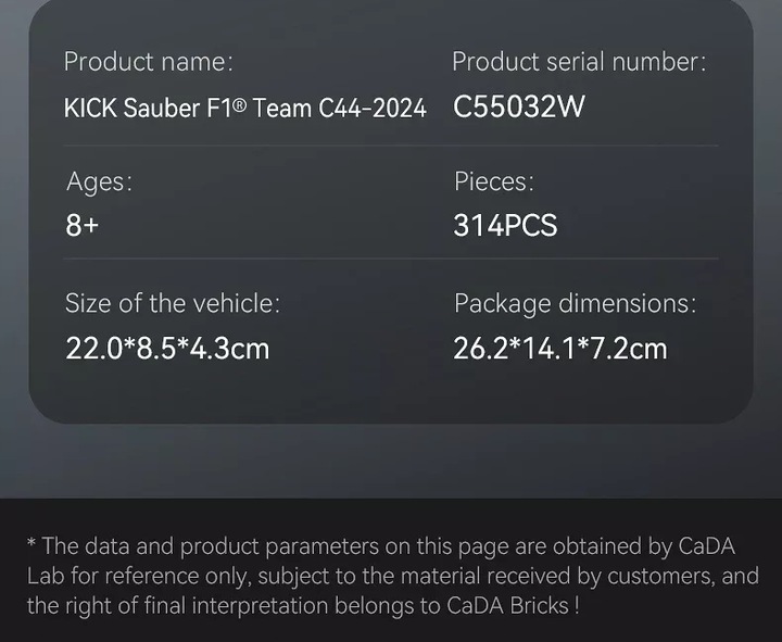 KLOCKI CADA BOLID FORMULA 1 KICK SAUBER F1 TEAM C44 314 EL. C55032W