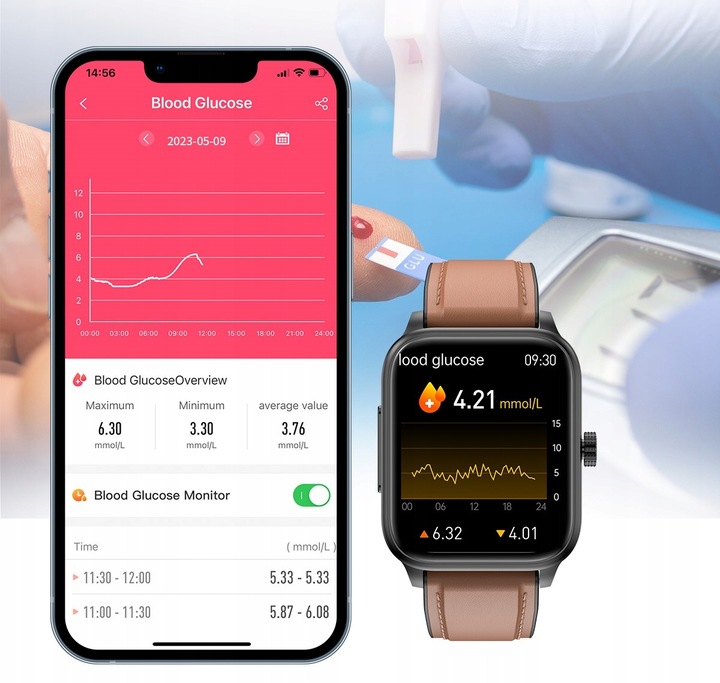SMARTWATCH ZEGAREK TEMPERATURA CIAŁA POMIARU CUKRU GLUKOZA 3 PASKI HRV NFC