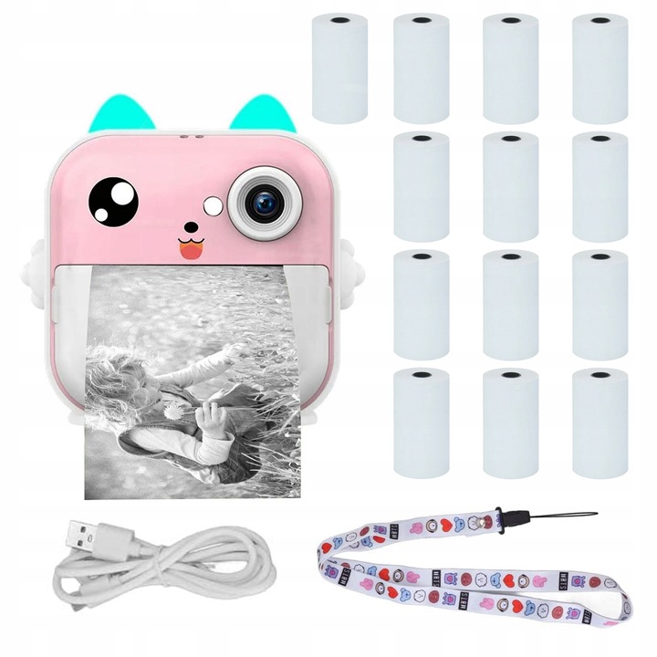 DRUKUŚ 2.0 Z APARATEM MINI DRUKARKA RÓŻOWY + 10 ROLEK SAMOPRZYLEPNYCH