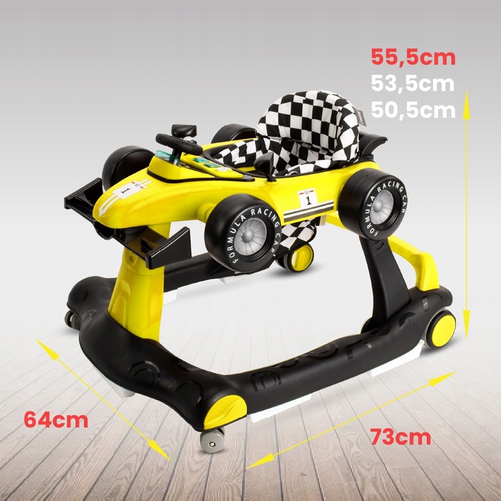 Interaktywny Chodzik jeździk pchacz Wyścigówka Formuła 1 3w1 żółty