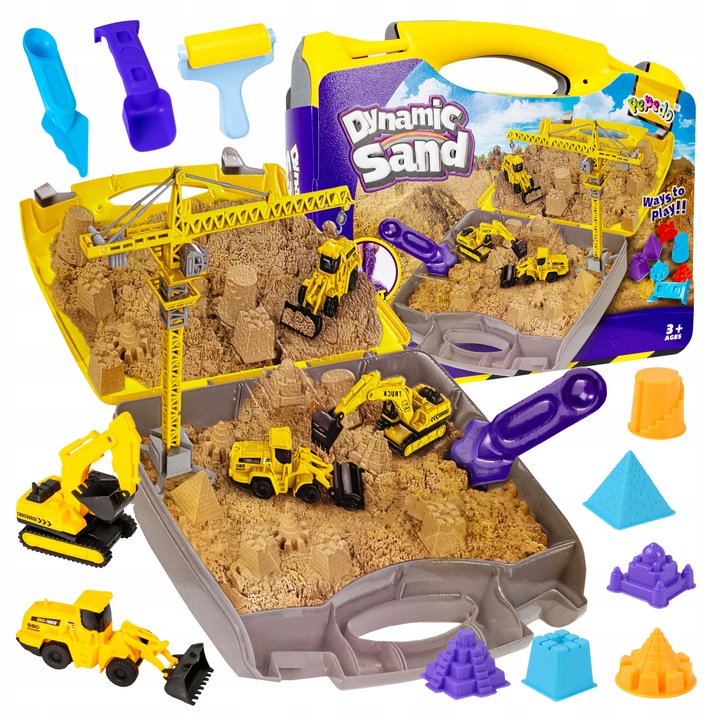 PIASEK KINETYCZNY W WALIZCE DLA DZIECI POJAZDY BUDOWLANE ŻURAW FOREMKI