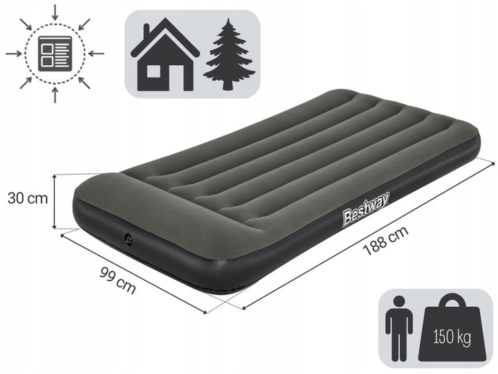 Materac Dmuchany Welurowy Jednoosobowy Łóżko 188x99x30 Bestway MODEL 2025