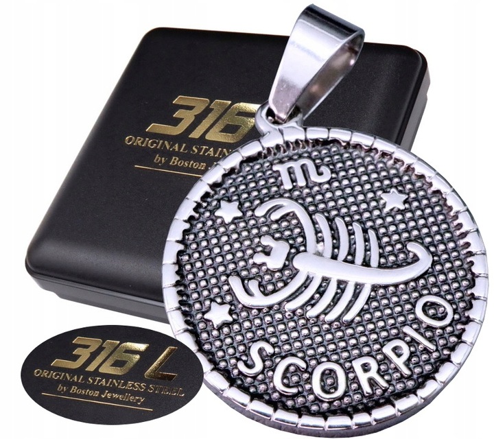 SREBRNY MEDALIK MEDALION ZNAK ZODIAKU SKORPION PRAWDZIWA STAL CHIRURGICZNA