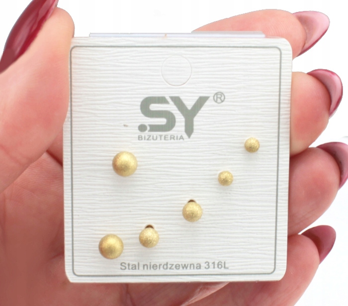 KOLCZYKI SZTYFTY STAL CHIRURGICZNA 3 PARY ZŁOTE KULKI PIASKOWANE