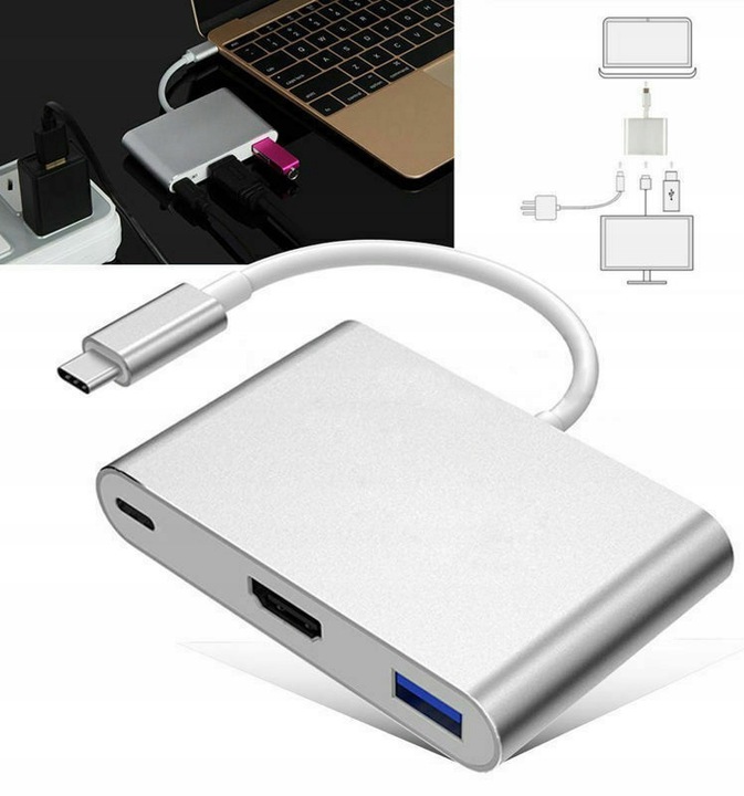 Adapter Przejściówka HUB 3w1 MHL HUB USB C HDMI 4K do MacBook Samsung