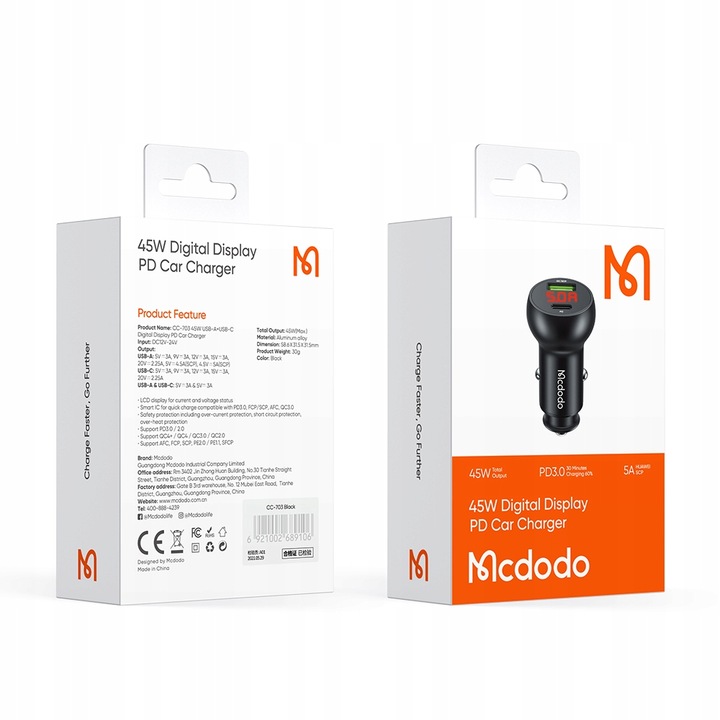 MCDODO ŁADOWARKA SAMOCHODOWA USB/USB-C PD 45W LCD