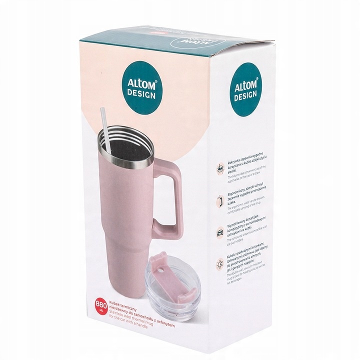 Kubek termiczny do samochodu z uchwytem i słomką Altom Design różowy 880 ml