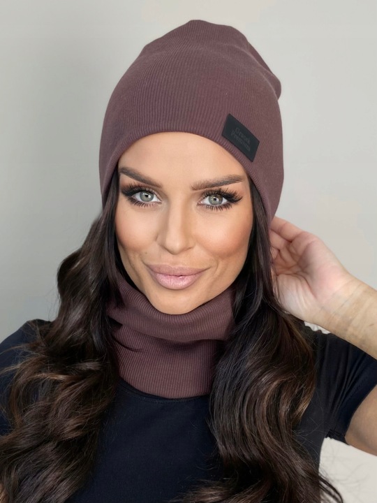 CIEPŁY KOMPLET DAMSKI CZAPKA+ KOMIN PRODUKT POLSKI MODNY ZIMOWY BRĄZOWY