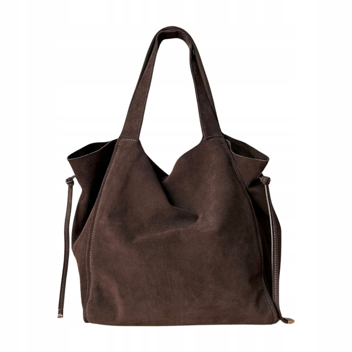 Czekoladowa zamszowa torebka shopper worek XL ZAMSZ NATURALNY Vera Pelle A4