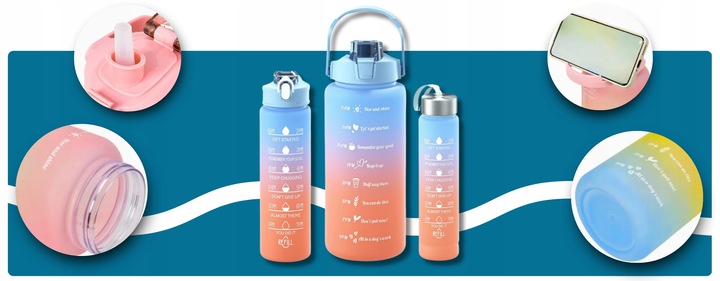 BIDON BUTELKA na WODĘ MOTYWACYJNA Zestaw 3 SZT. SHAKER FITNES 2L 0,7L 0,3L