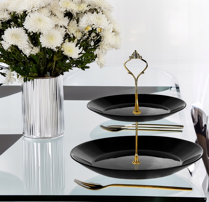 PATERA TRZYPOZIOMOWA PIĘTROWA STOJAK ciasto owoce CZARNE SZKŁO ZŁOTY UCHWYT